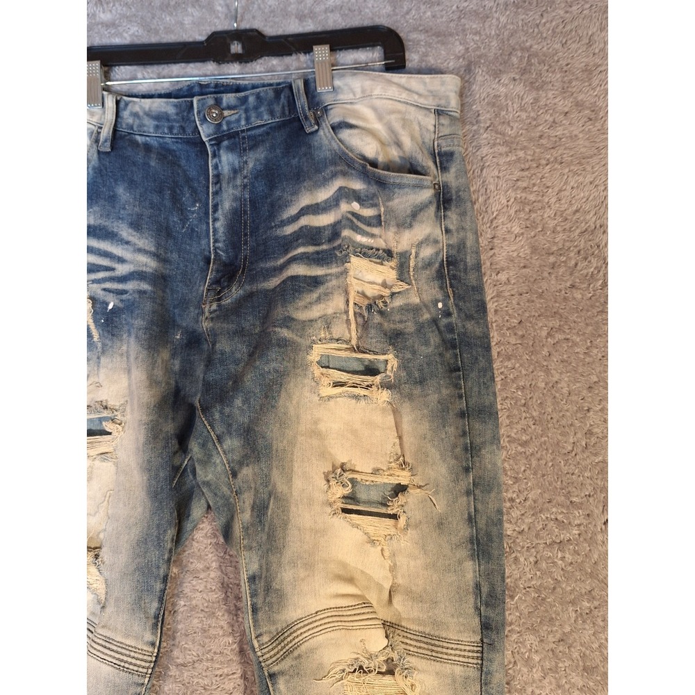 SMOKE RISE DENIM CO Mens Jeans 40x32 Blue Distressed Moto Ripped Splatter Grunge - Picture 3 of 16